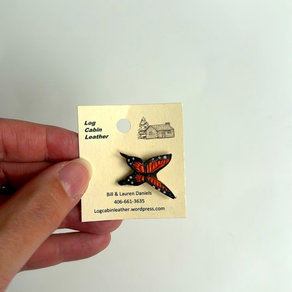 NWT Handmade Log Cabin Leather Orange and Black Monarch Butterfly pin brooch - Picture 2 of 4